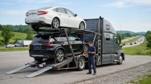 Professional car shipping company transporting vehicles across the USA on a car carrier truck