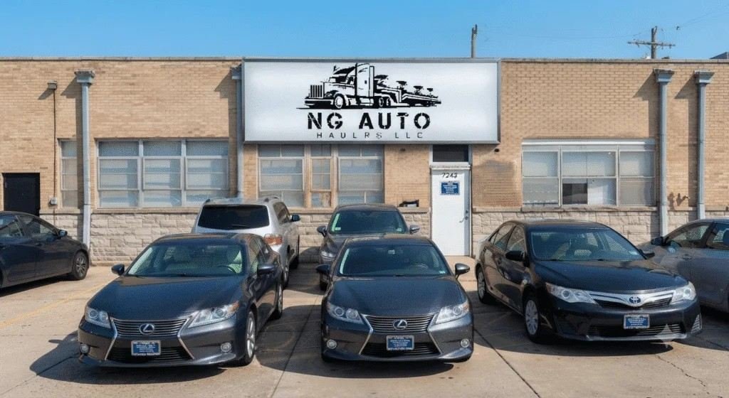 NG Auto Haulers LLC office building and vehicle lot exterior storefront