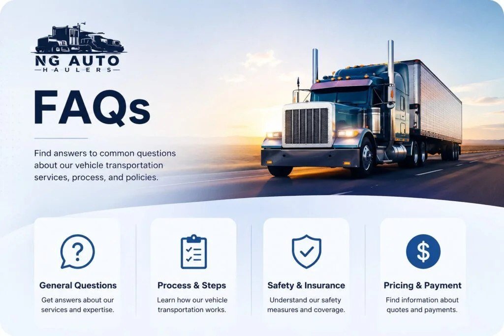 NG Auto Haulers FAQ page covering car shipping questions on process, safety, and pricing