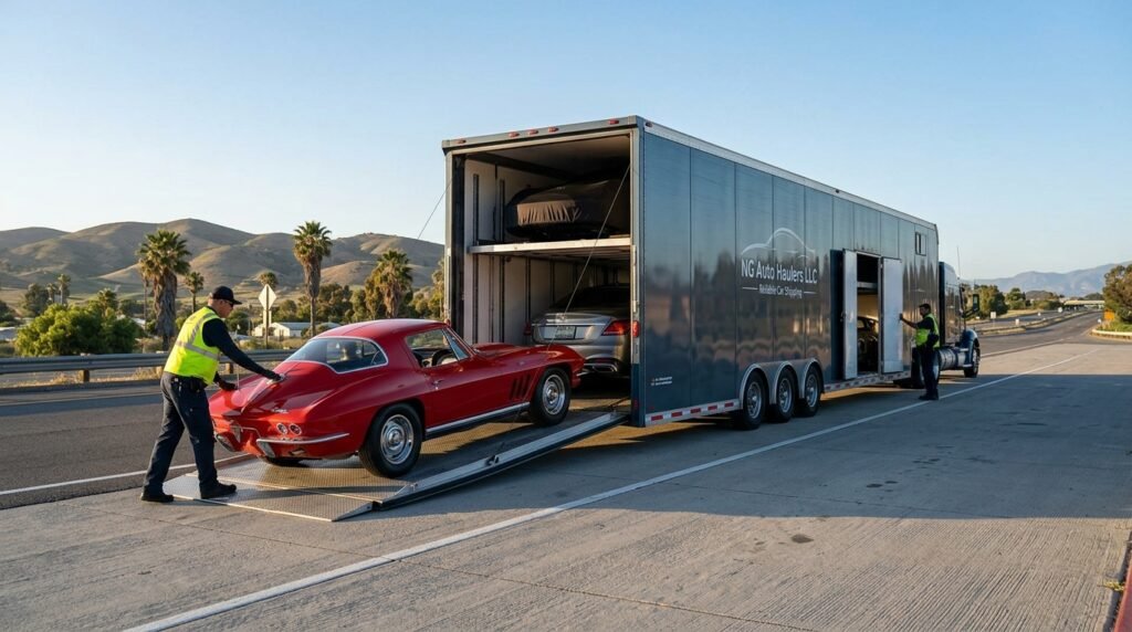"Car Shipping California - NG Auto Haulers loading classic car into enclosed trailer"