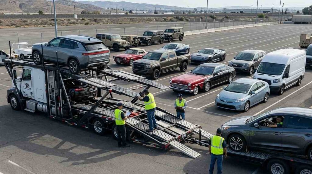 "Car Shipping New York - NG Auto Haulers team loading vehicles at staging lot"