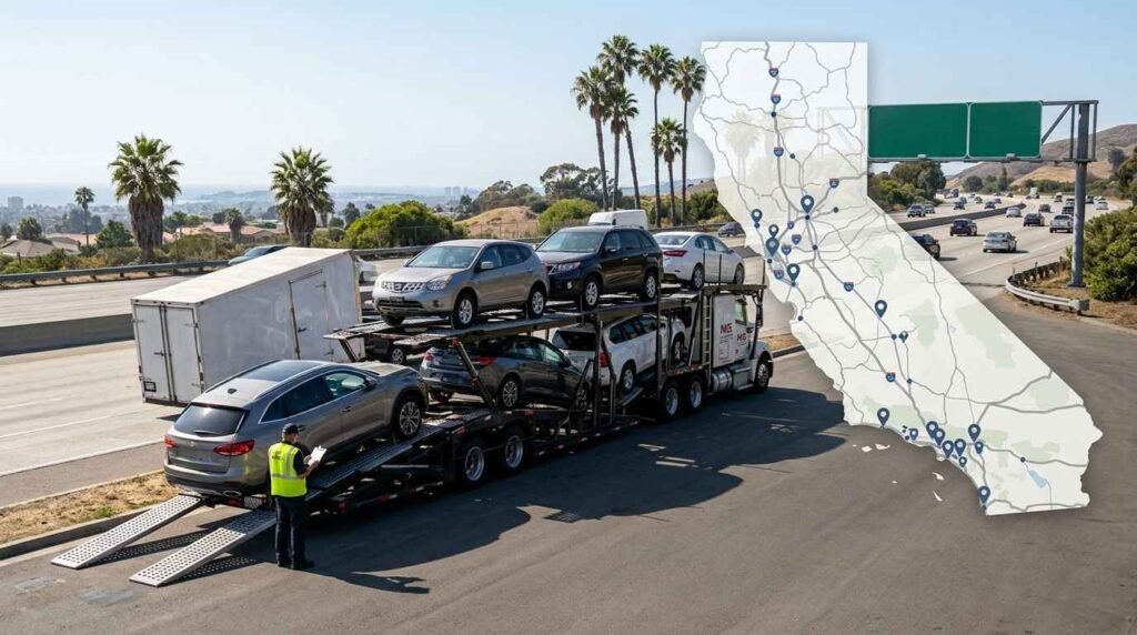 "Car Shipping California - vehicle carrier with service coverage map overlay"