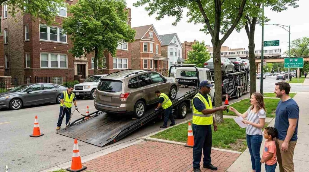"Car Shipping Chicago - NG Auto Haulers loading SUV in residential neighborhood"