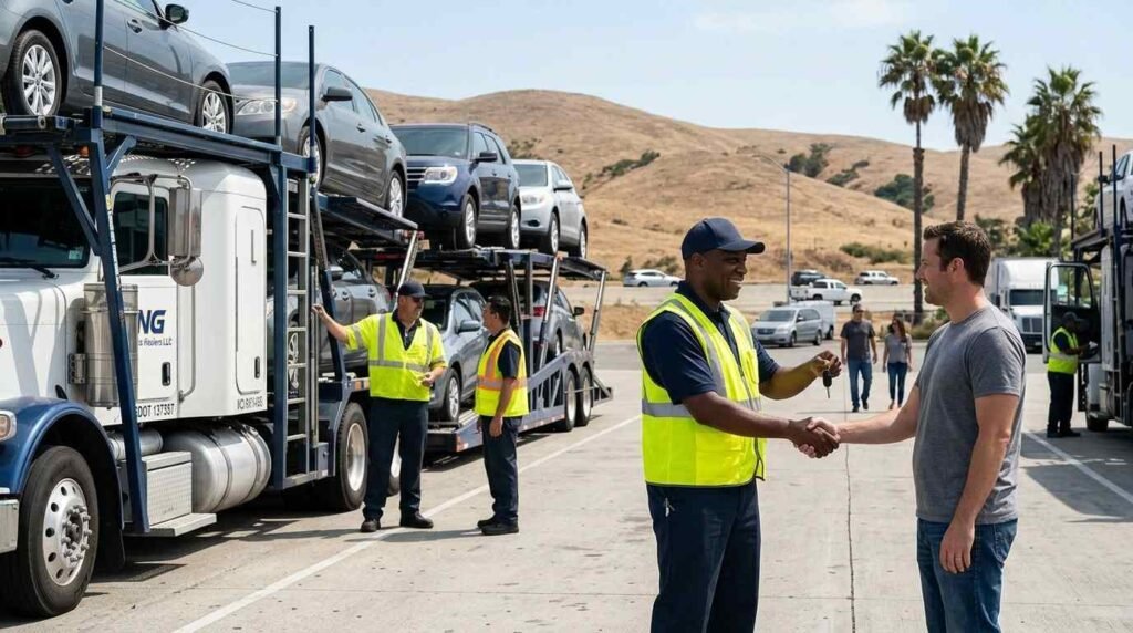"Car Shipping California - NG Auto Haulers driver handshake with satisfied customer"