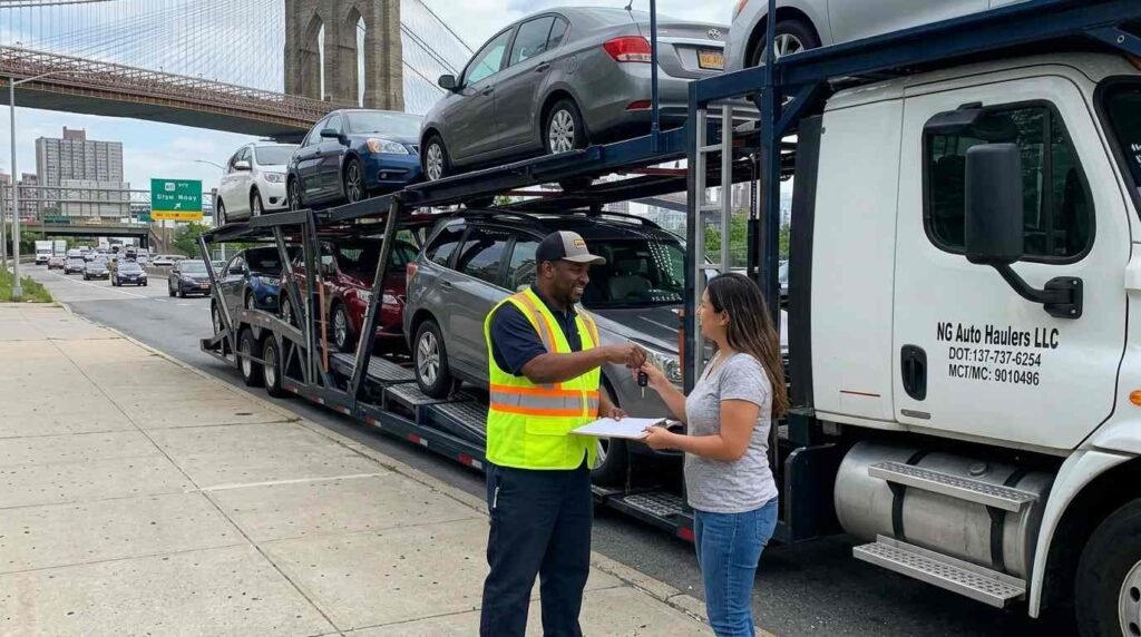 "Car Shipping New York - NG Auto Haulers driver delivering keys near Brooklyn Bridge"