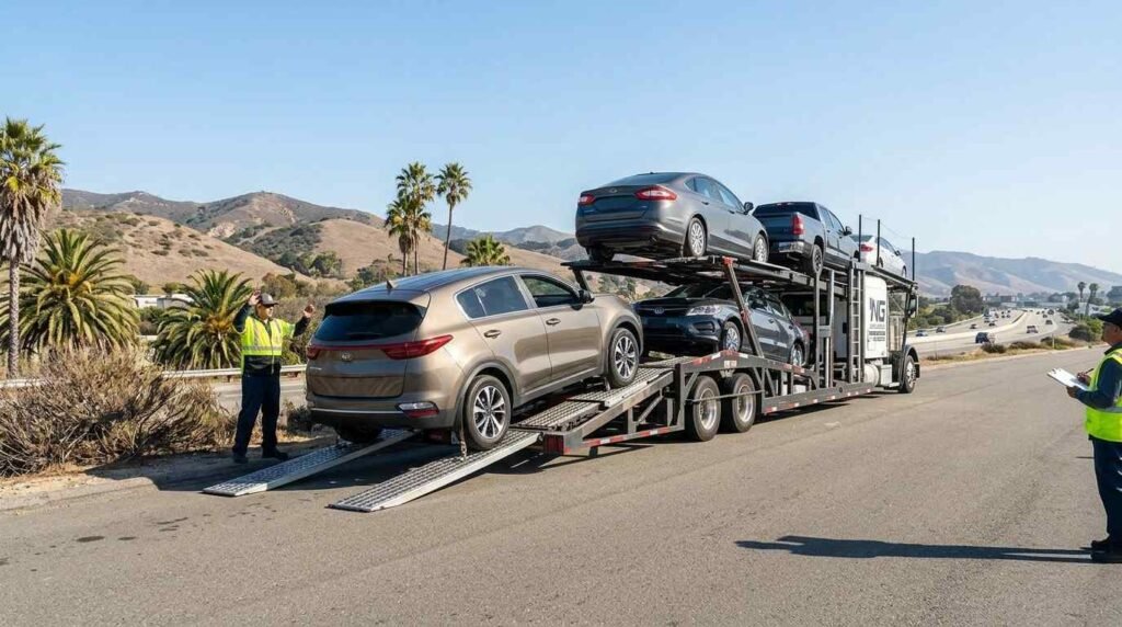 "Car Shipping California - NG Auto Haulers loading vehicle onto multi-car trailer"