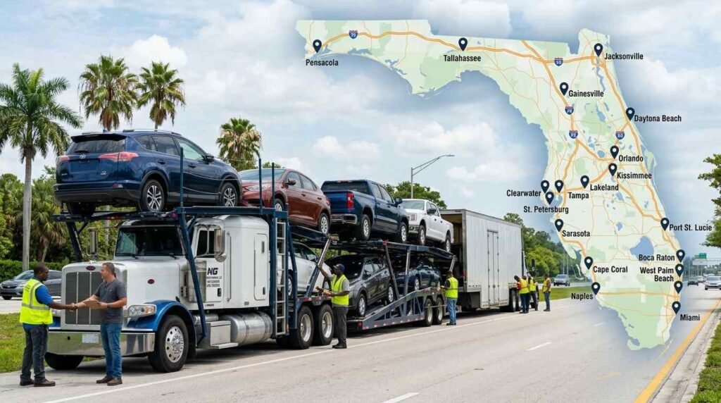 "Car Shipping Florida - NG Auto Haulers truck with statewide service coverage map"