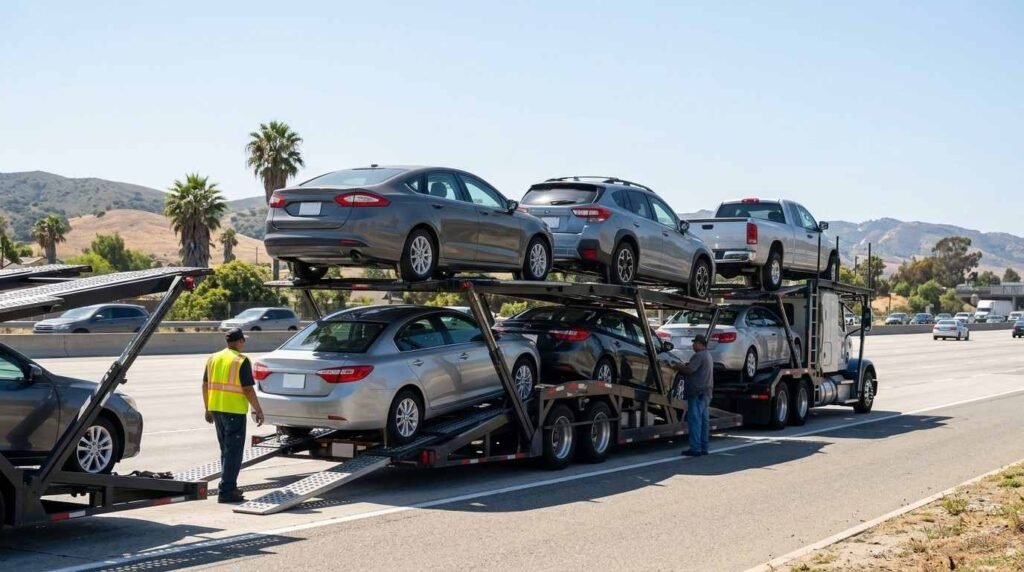 "Car Shipping California - multi-car hauler loaded with sedans and SUVs on highway"