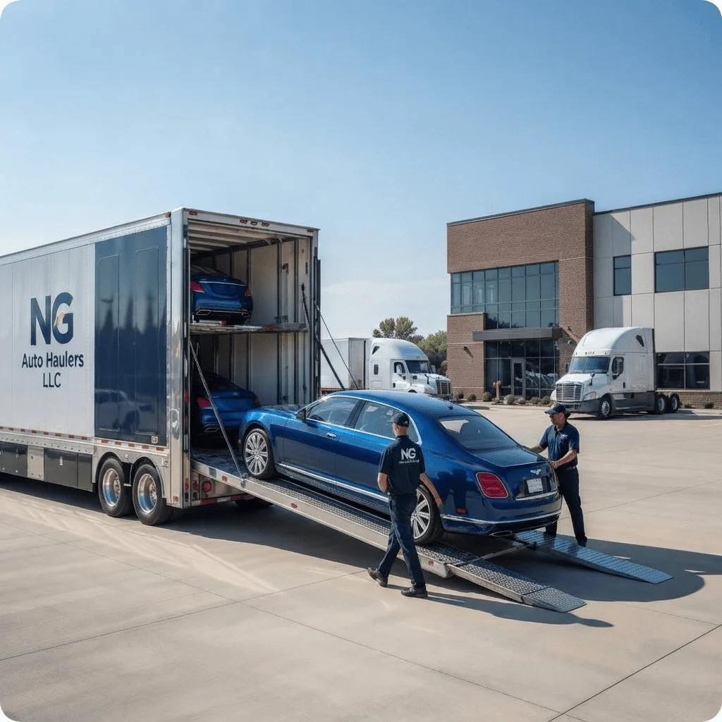Professional car shipping service transporting a luxury vehicle in an enclosed auto transport trailer with experienced drivers Tower 25 Digital Marketing Free SEO/AEO Audit Free SEO/AEO audit on your business website by and award winning digital marketing agency