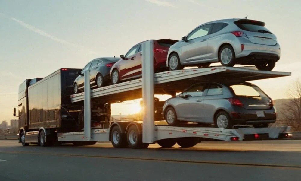 "Car Shipping New York - open car carrier transporting multiple vehicles at sunset"