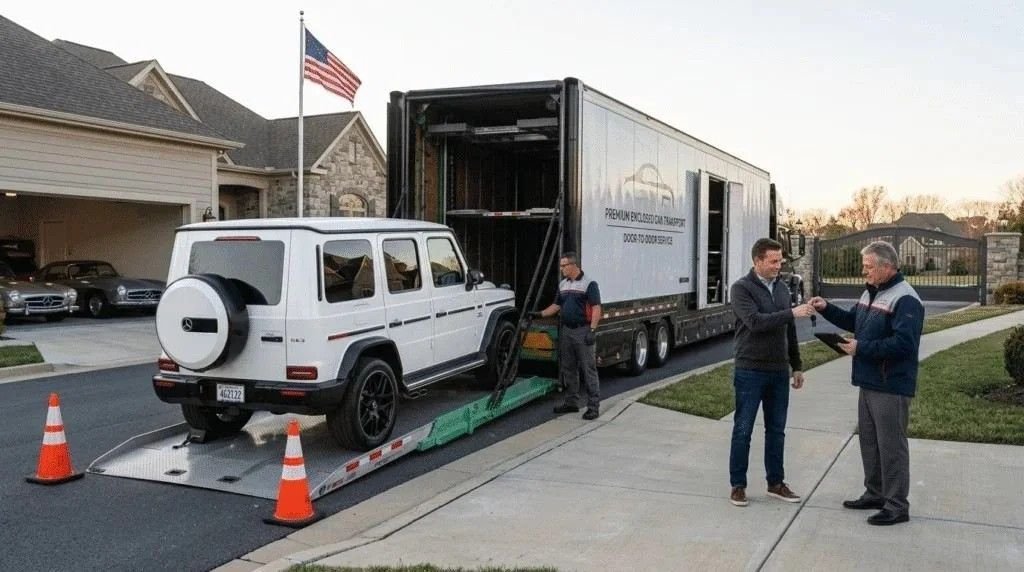 Enclosed car transport in the USA providing covered vehicle shipping for added protection from weather and road debris