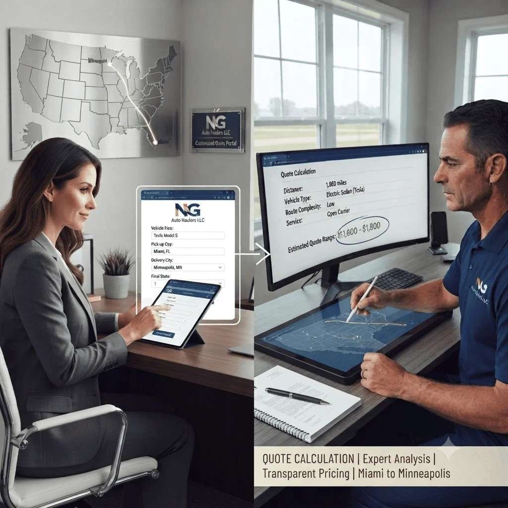 Auto transport quote calculation showing vehicle shipping cost, route distance, and pricing for professional car shipping services