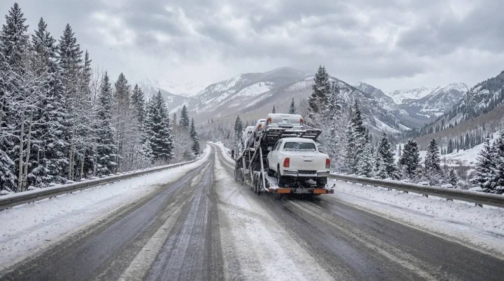 "Car Shipping California - vehicle transport trailer driving through snowy mountain road"