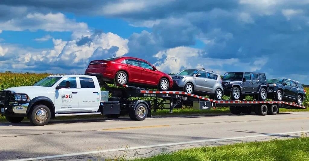 "Car Shipping California - flatbed truck hauling multiple vehicles on rural road"