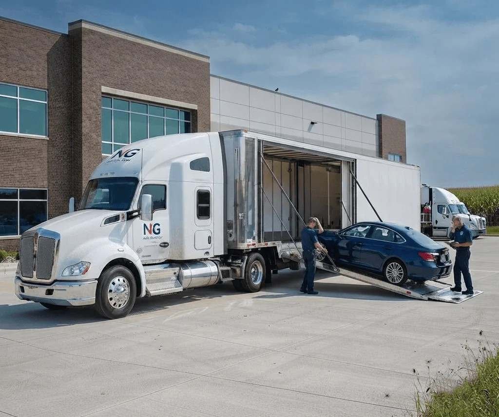 `Professional car shipping service transporting a vehicle in an enclosed auto transport truck with experienced drivers at a commercial facility`