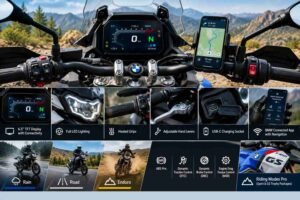 2027 BMW F 450 GS technology features including TFT display, smartphone navigation, LED lighting, heated grips, and rider assistance systems.