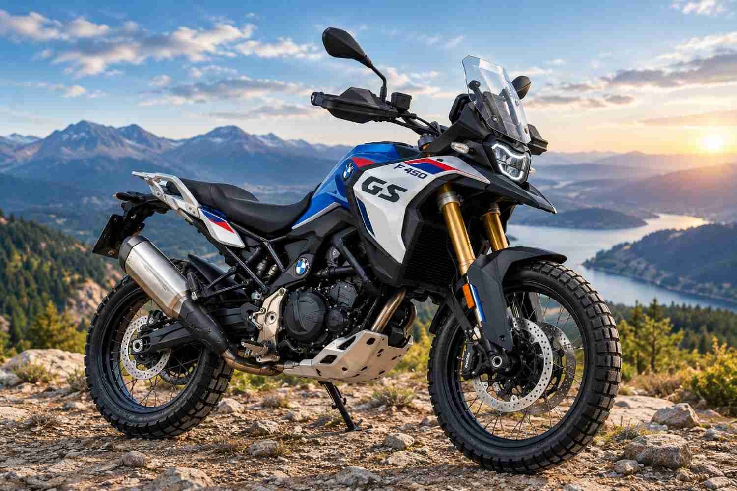 2027 BMW F 450 GS adventure motorcycle on a scenic mountain road.