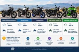 Beginner motorcycle comparison featuring Honda Rebel 300, Honda CB300R, Yamaha MT-03, Royal Enfield Hunter 350, and Kawasaki Ninja 500 ABS.
