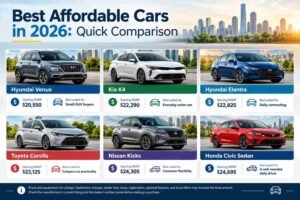 Best affordable cars to buy in the USA in 2026, comparing Hyundai Venue, Kia K4, Hyundai Elantra, Toyota Corolla, Nissan Kicks, and Honda Civic Sedan with starting prices.