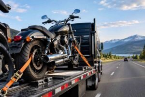 Motorcycle shipping in the USA with a motorcycle securely strapped to a transport trailer for long-distance delivery