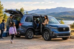 Honda Pilot three-row family SUV with parents and children loading luggage for a family road trip.