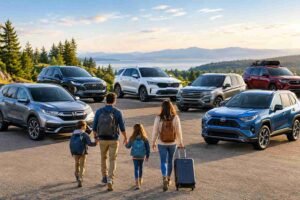 Best family SUVs in 2026 with a family comparing spacious SUVs for everyday driving and road trips.