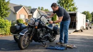 Preparing a motorcycle for shipping by inspecting its condition and taking photos before pickup in the USA