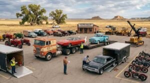 Cross-country car shipping USA with classic cars, enclosed transport, and vehicle loading