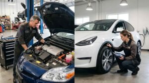 Hybrid vs electric car maintenance, with a mechanic inspecting a hybrid engine and a technician checking an electric vehicle.