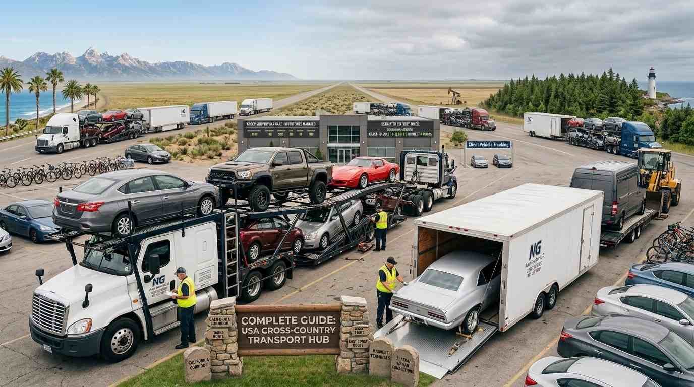 Cross-country car shipping in the USA with auto transport carriers and vehicle loading