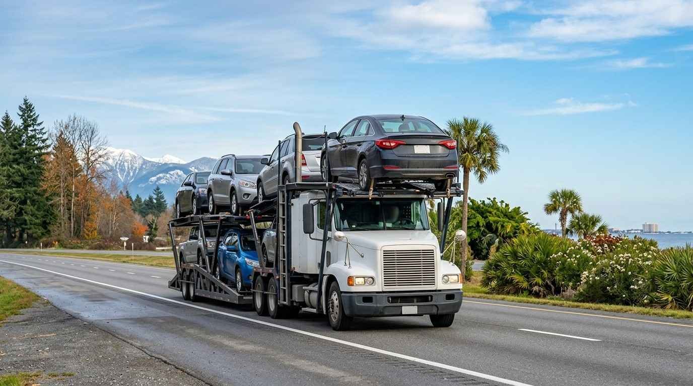 Car carrier transporting vehicles between northern states and Florida for seasonal travel in the USA