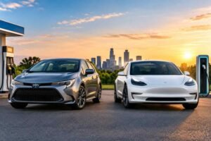 Hybrid vs electric cars in 2026, comparing a hybrid sedan with a fully electric car at a charging station.