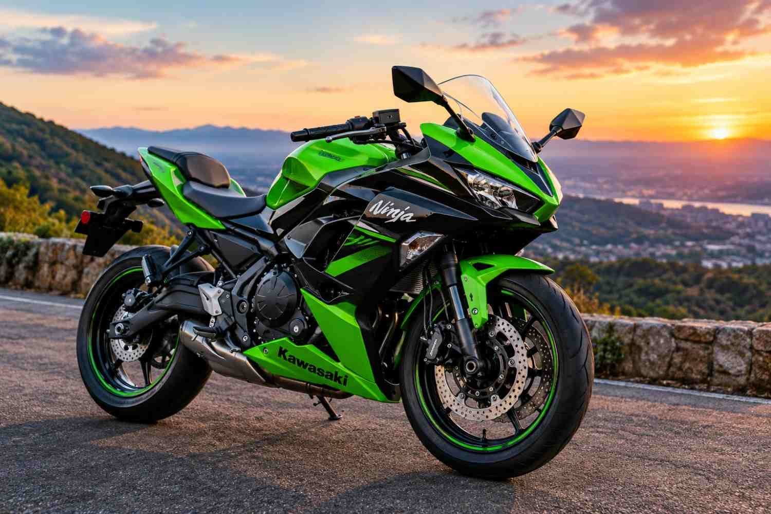 2027 Kawasaki Ninja 650 sport motorcycle in green and black viewed from the front at sunset
