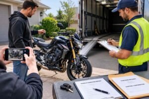 Motorcycle pickup inspection with condition photos, keys, and transport paperwork before shipping in the USA