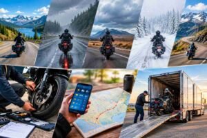 Motorcycle riding through changing weather conditions across the USA, with transport trailer and pre-ride inspection