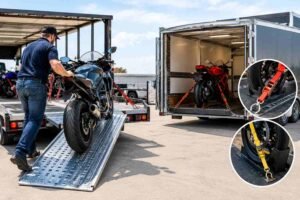 Motorcycle loading and secure tie-down methods for open and enclosed motorcycle transport