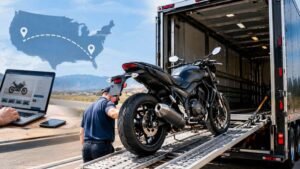 Motorcycle being loaded into a transport trailer after an online or out-of-state purchase in the USA