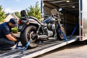 Non-running motorcycle prepared for shipping with secure loading and transport equipment