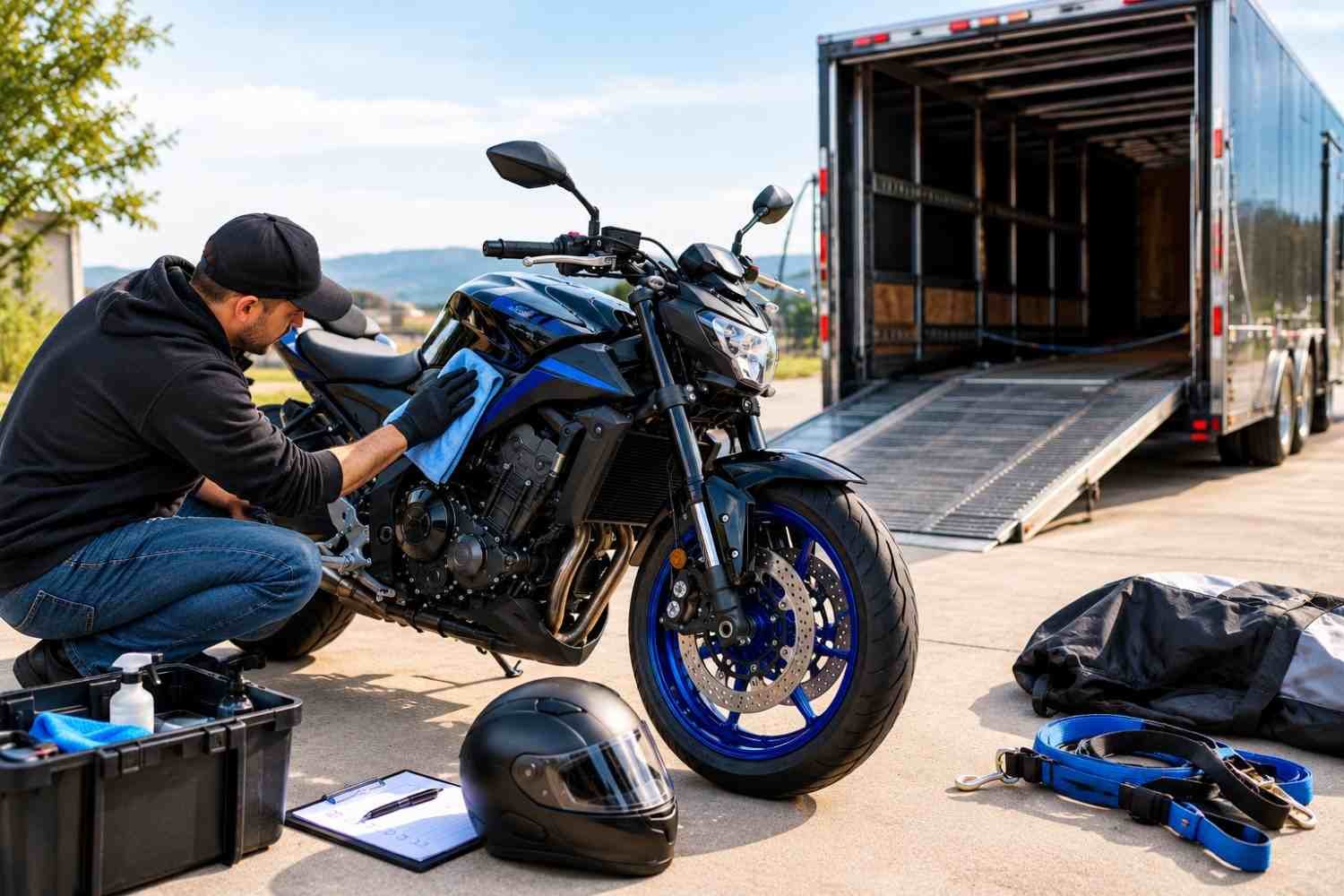 Preparing a motorcycle for shipping in the USA by cleaning and inspecting the bike before pickup