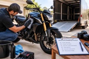 Preparing a motorcycle for shipping in the USA by cleaning the bike, checking its condition, and getting it ready for pickup