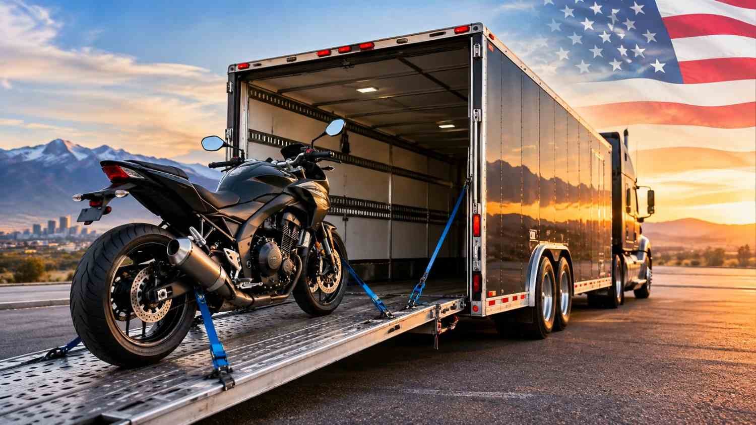Motorcycle shipping in the USA with a bike secured inside an enclosed transport trailer