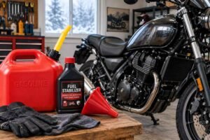 Motorcycle fuel system preparation for winter storage with fuel stabilizer, gasoline container, and maintenance supplies in a garage.