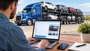 Customer requesting a car shipping quote online with a vehicle transport carrier in the background