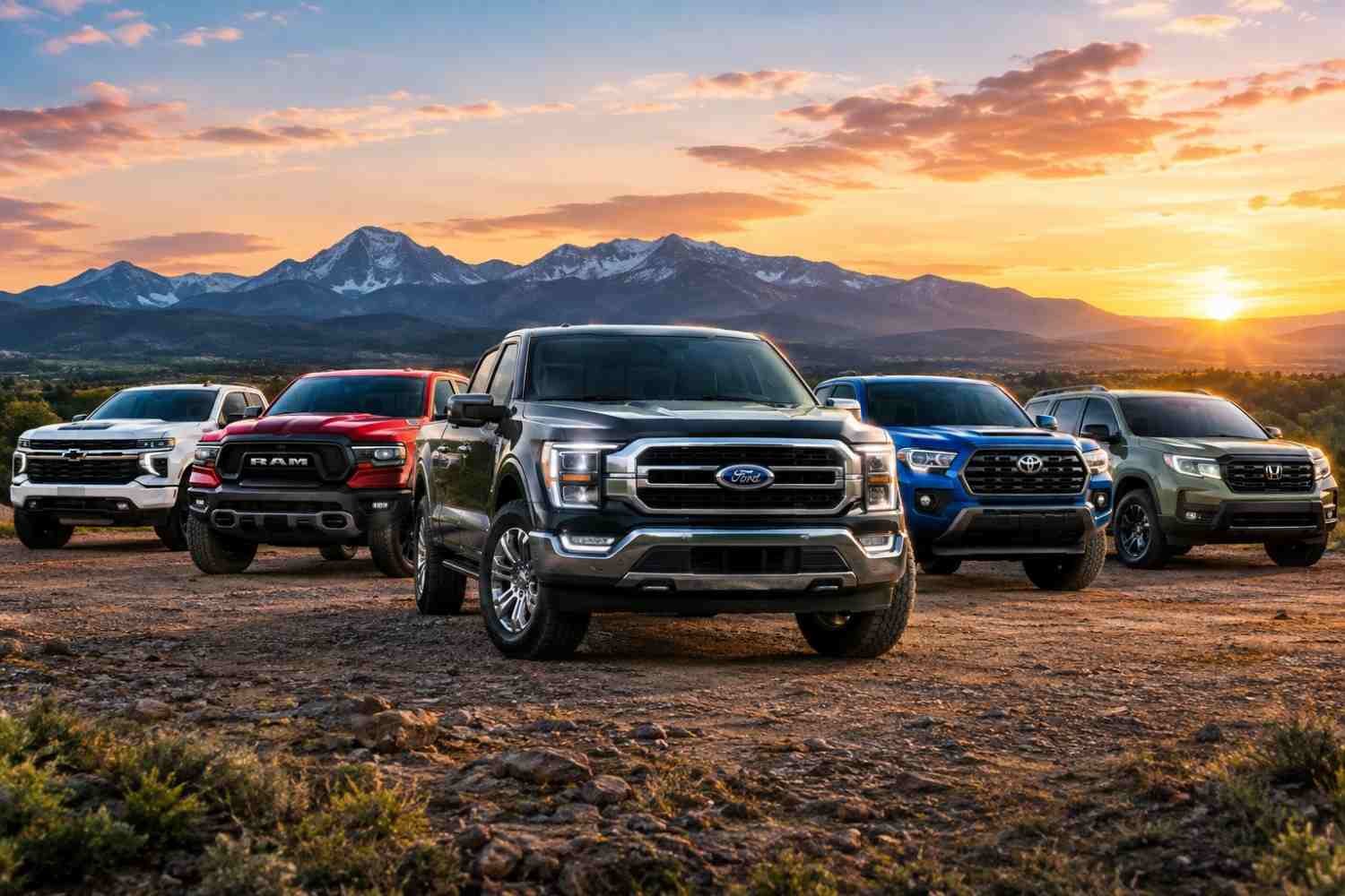 Best pickup trucks in America in 2026 featuring Ford F-150, Ram 1500, Chevrolet Silverado, Toyota Tundra, and other popular pickup trucks.