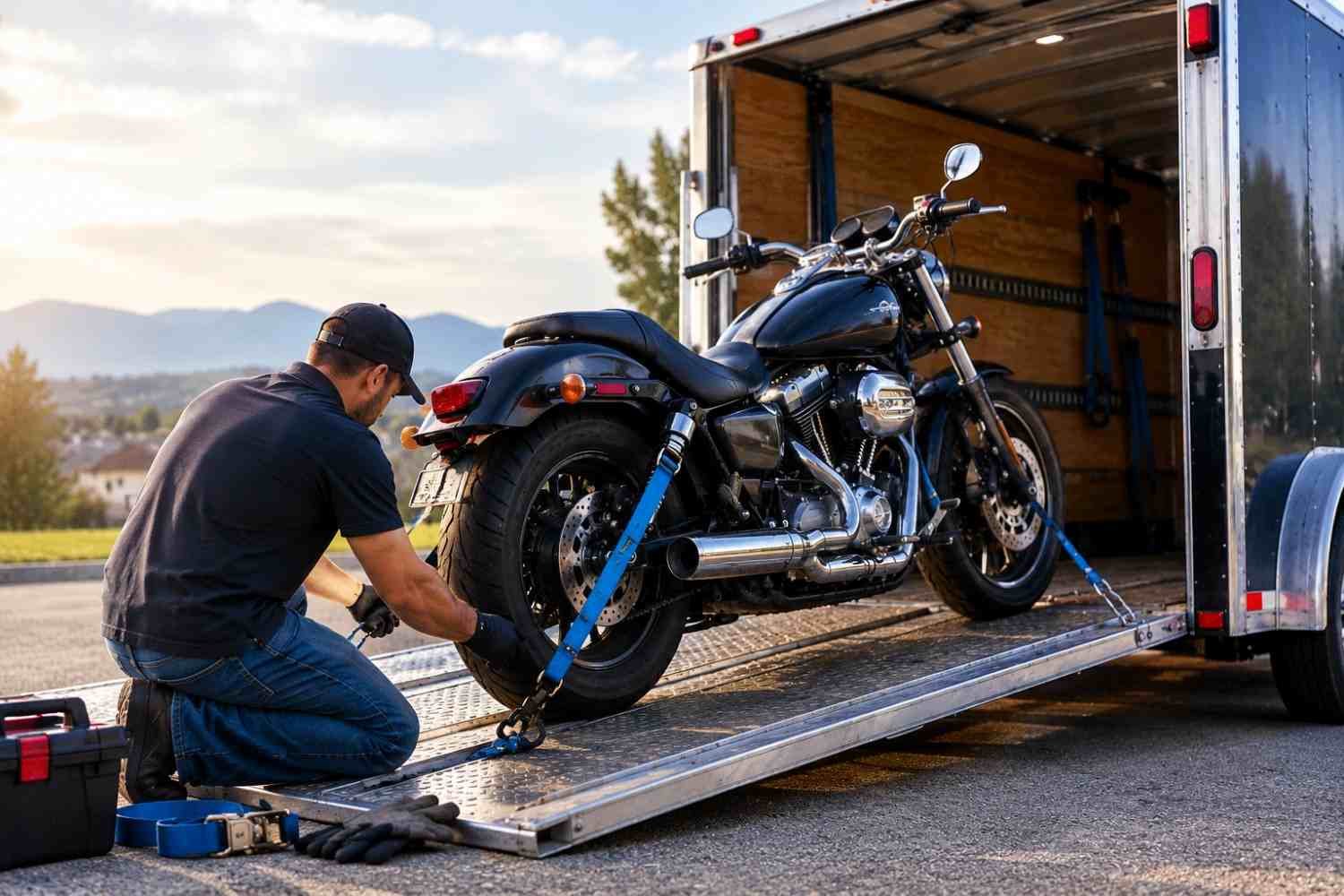 Shipping a non-running motorcycle in the USA using secure tie-down straps and a motorcycle transport trailer