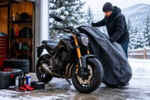 Motorcycle owner covering a bike for winter storage while preparing to winterize a motorcycle in 2026.