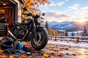 Motorcycle maintenance tips for fall and winter with a black motorcycle, maintenance tools, and seasonal autumn and snowy scenery.