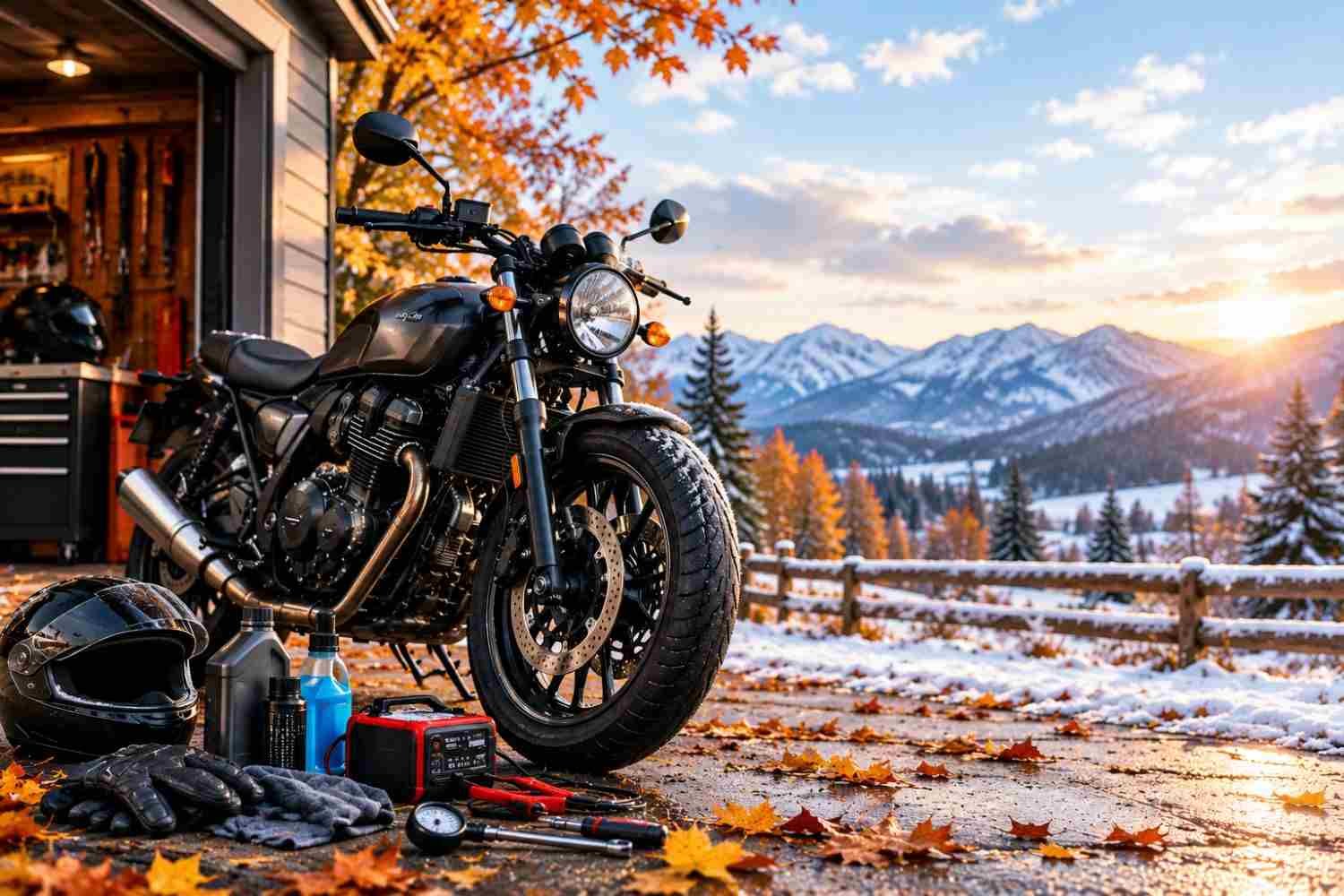 Motorcycle maintenance tips for fall and winter with a black motorcycle, maintenance tools, and seasonal autumn and snowy scenery.